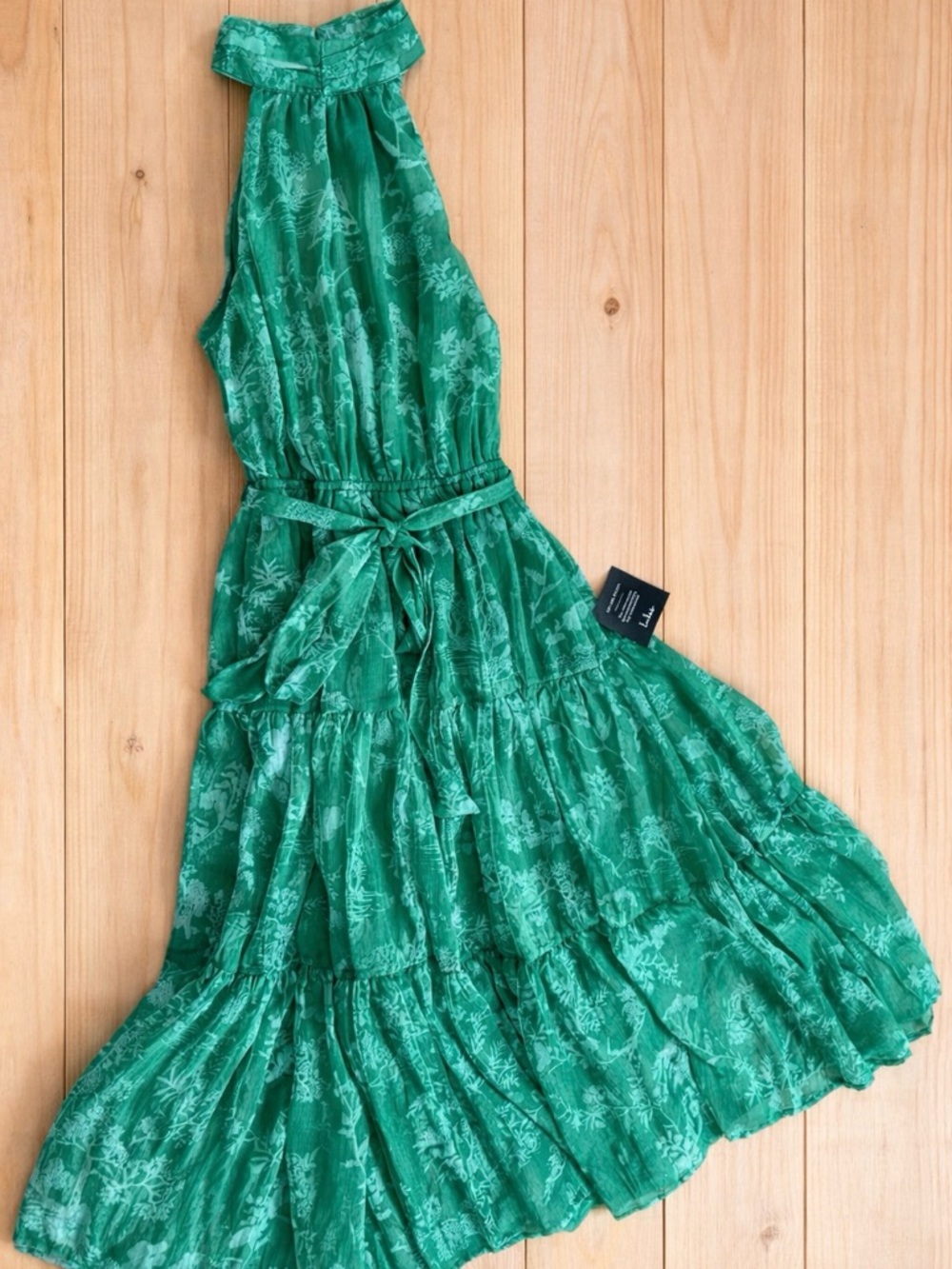 Lulu's Green Floral Halter Midi Dress with Tie Waist - Picture 2 of 3
